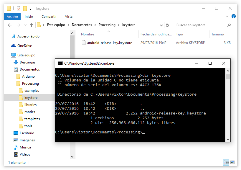Processing Android Windows ruta certificado firma digital carpeta keystore