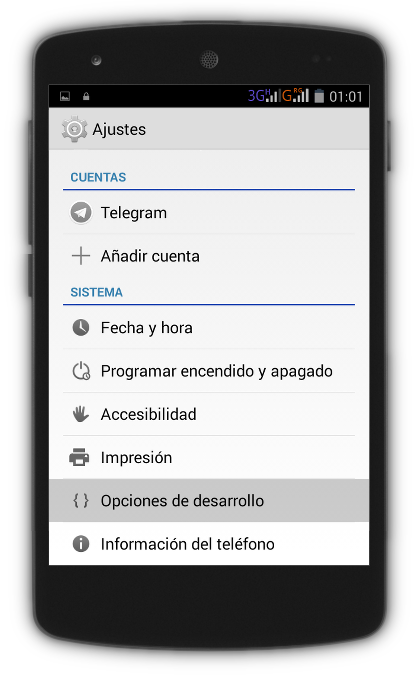 Processing Android ajustes opciones de desarrollo