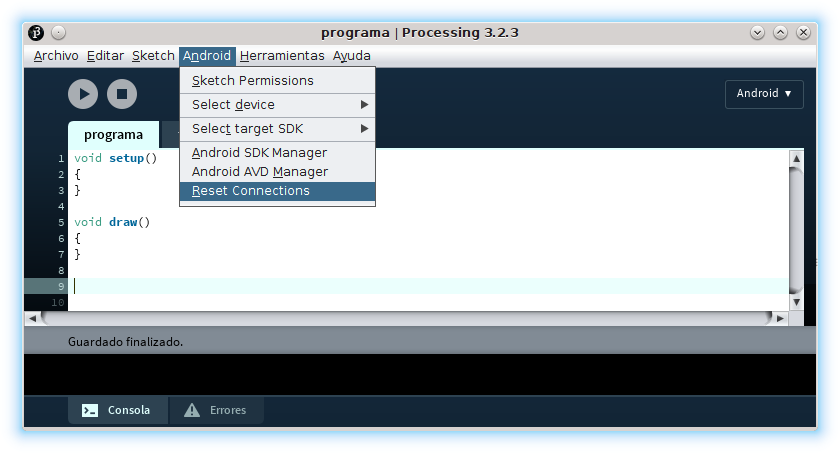Processing IDE Android modo programación ADB reset connections