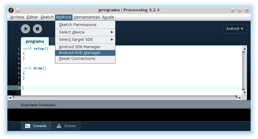 Processing IDE Android modo programación AVD manager