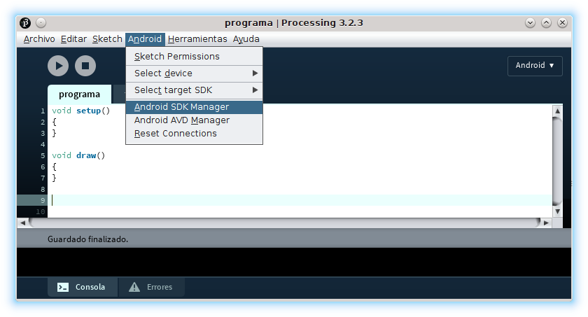 Processing IDE Android modo programación SDK manager