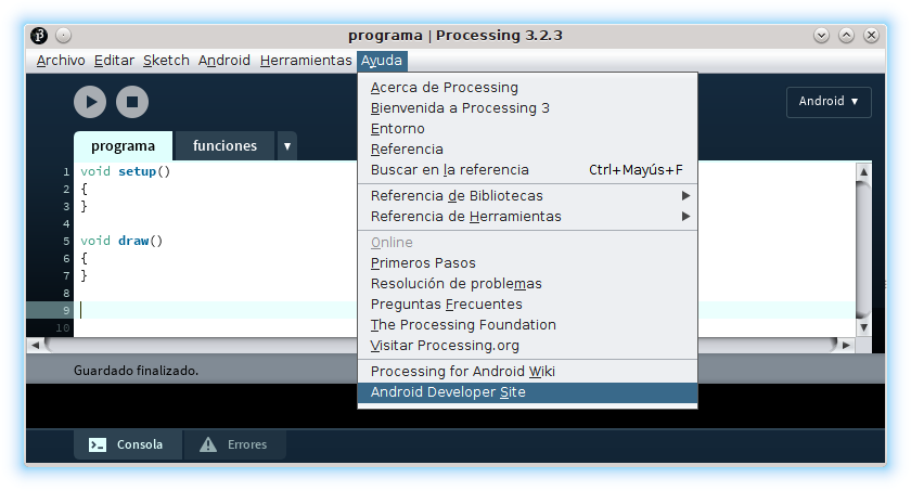 Processing IDE Android modo programación ayuda developer site