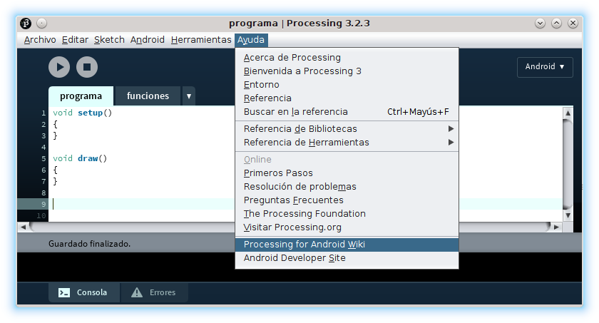 Processing IDE Android modo programación ayuda wiki