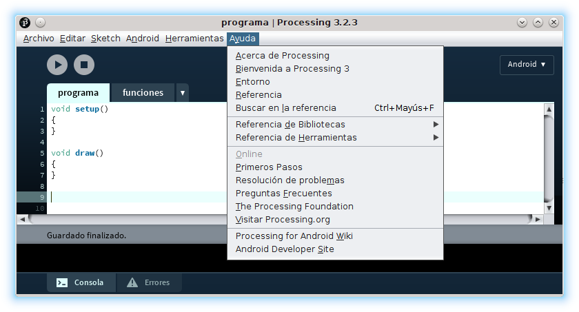Processing IDE Android modo programación ayuda