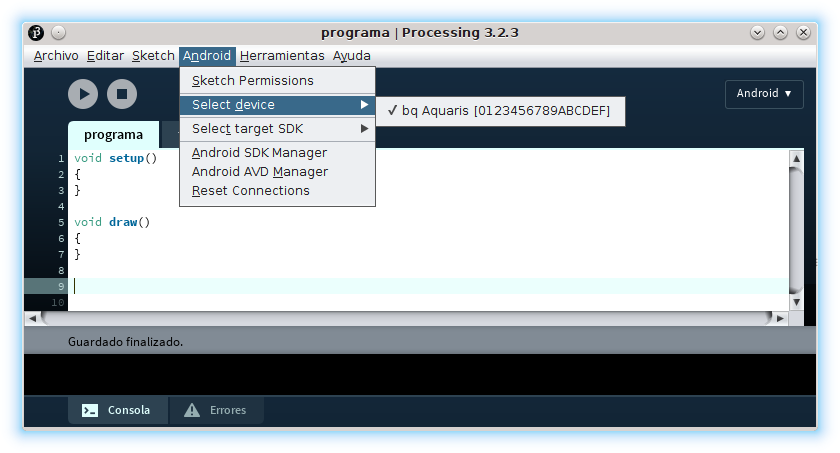 Processing IDE Android modo programación elegir dispositivo