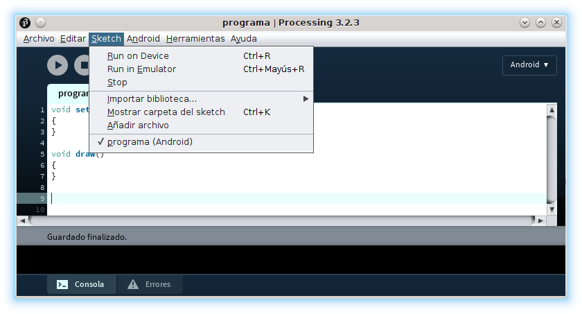 Processing IDE Android modo programación menú Sketch
