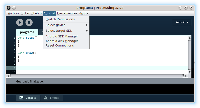 Processing IDE Android modo programación menú plataforma