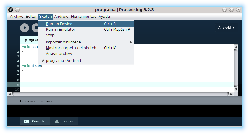 Processing IDE Android modo programación run device ejecutar dispositivo