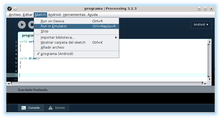 Processing IDE Android modo programación run emulator ejecutar emulador