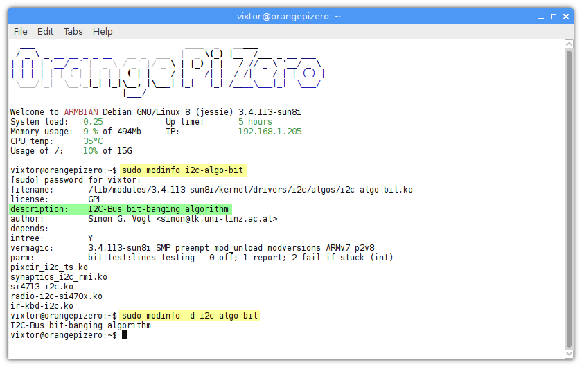 Armbian ARM Linux SBC modinfo driver módulo información descripción