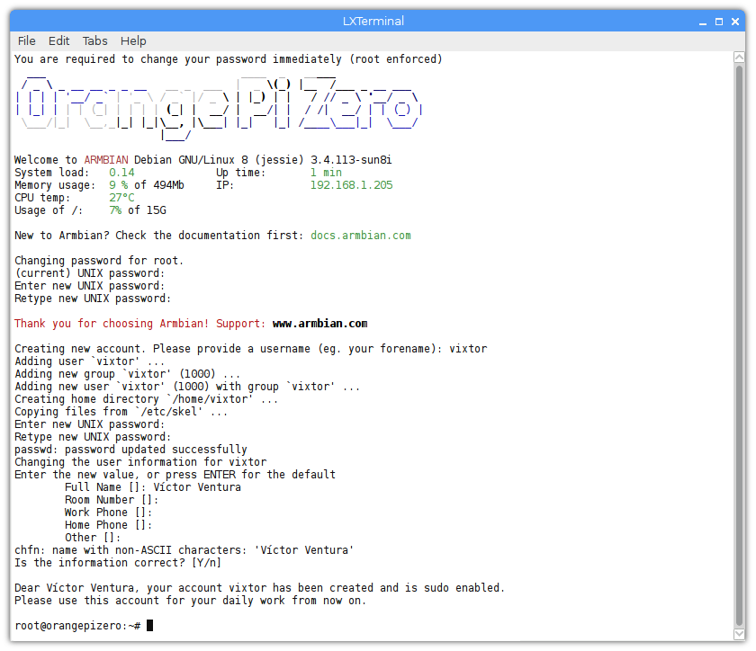 Armbian primera sesión root orange pi zero LXTerminal