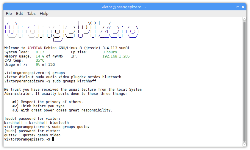 Armbian sesión sudo LXTermial Orange Pi Zero user group