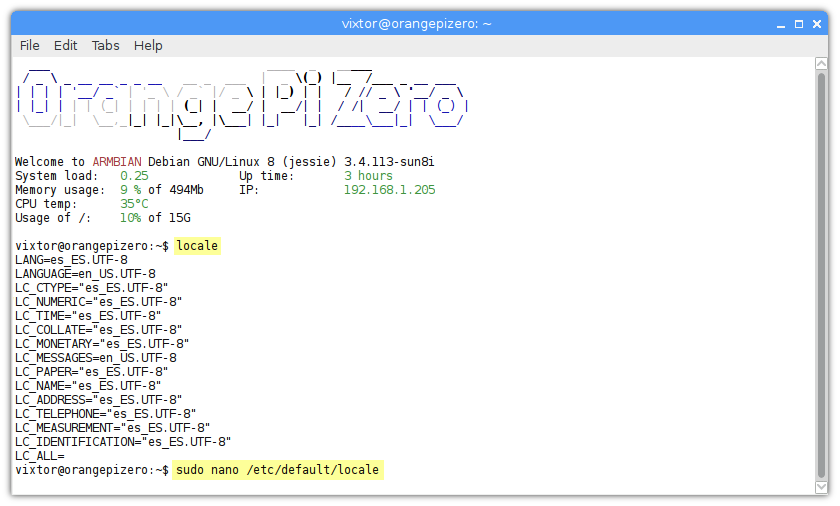 Configurar idiomas Armbian ARM Linux SBC etc default locale