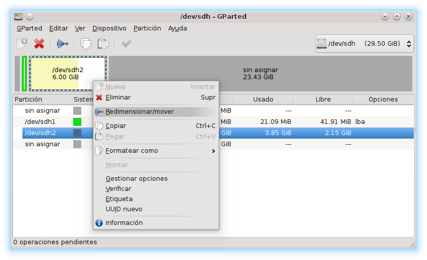 Instalar Linux SBC GPartEd redimensionar mover partición MicroSD tarjeta