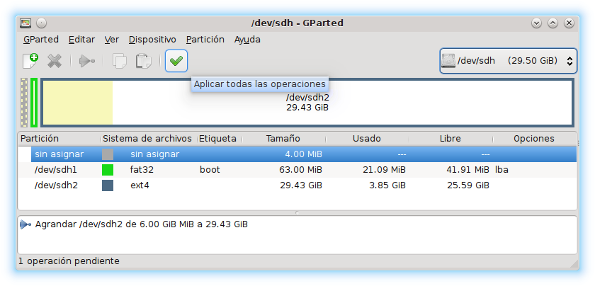 Instalar Linux SBC GPartEd redimensionar partición cambiar tamaño MicroSD tarjeta