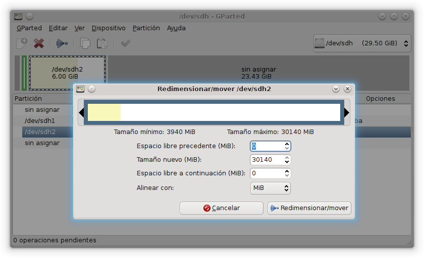 Instalar Linux SBC GPartEd redimensionar partición cambiar tamaño MicroSD tarjeta