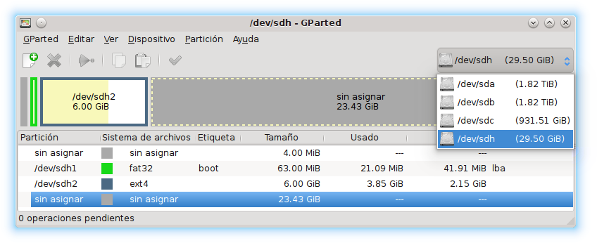 Instalar Linux SBC GPartEd redimensionar partición elegir MicroSD tarjeta