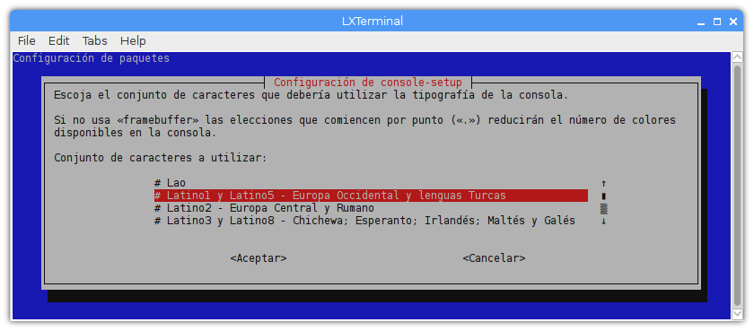 Instalar Linux SBC dietpi configuración consola juego caracteres conjunto