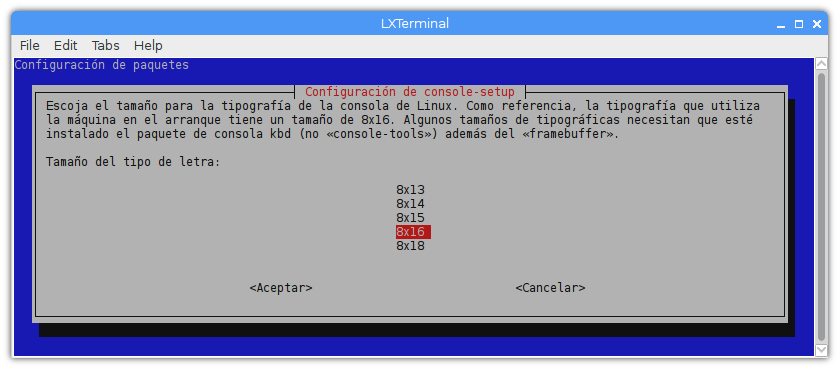 Instalar Linux SBC dietpi configuración consola tamaño letra