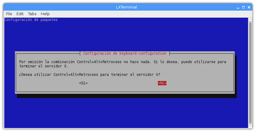 Instalar Linux SBC teclado configurar idioma reiniciar servidor X control alt retroceso