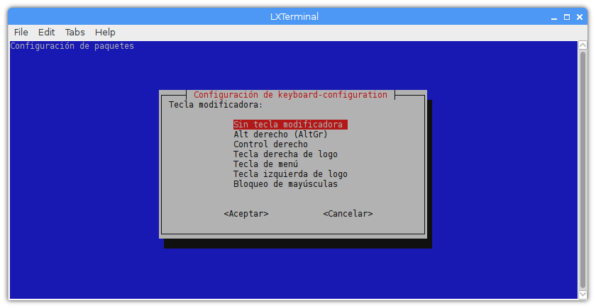 Instalar Linux SBC teclado configurar idioma tecla modificadora