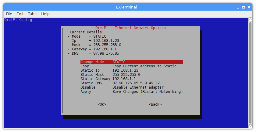 Linux DietPi Debian configurar red local network IP fija SBC