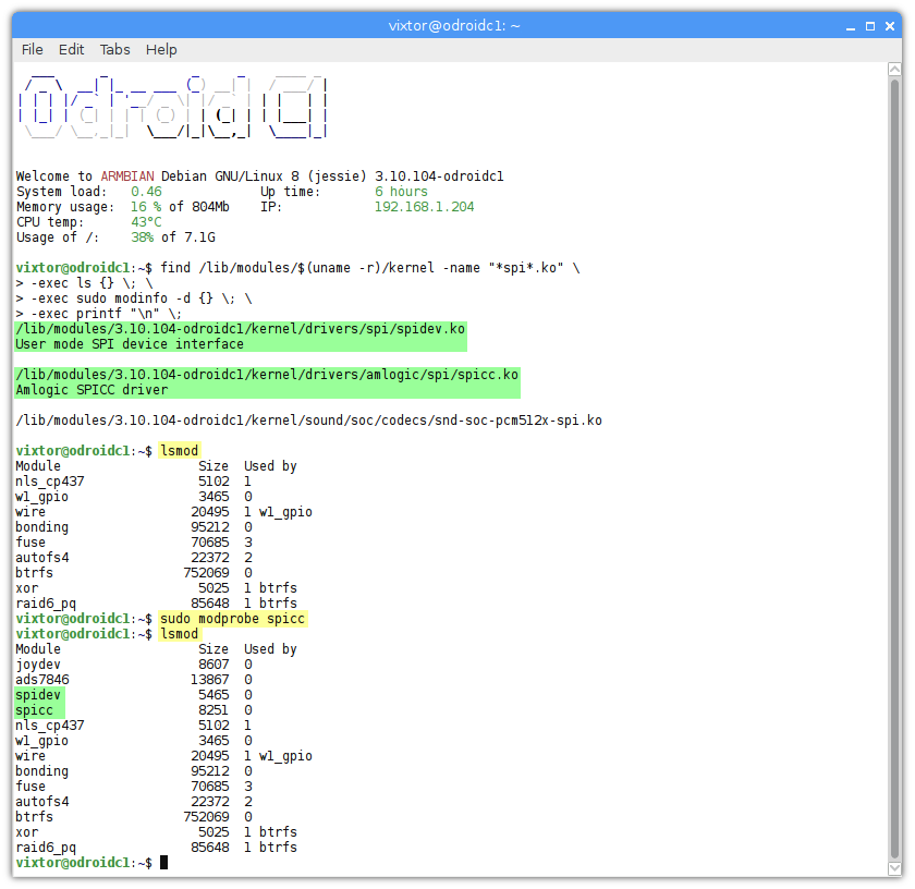 Linux SBC driver Armbian modprobe lsmod cargar kernel núcleo