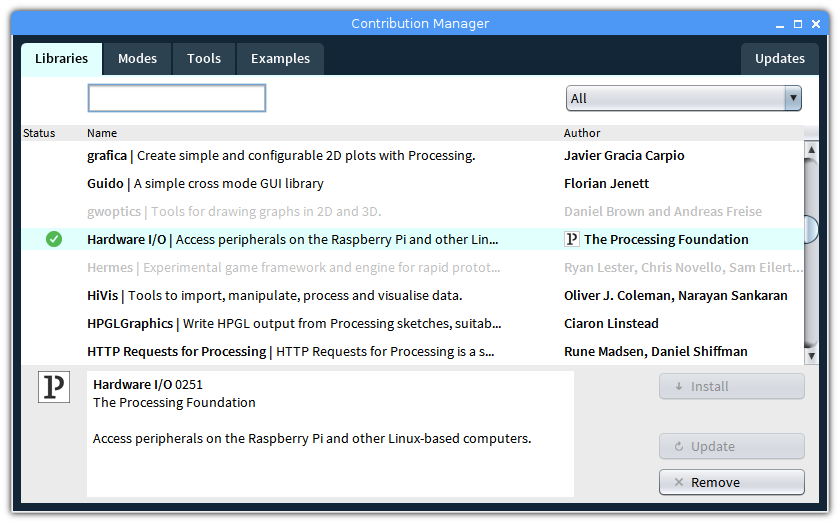 Processing Hardware I/O librería contribution manager raspberry pi