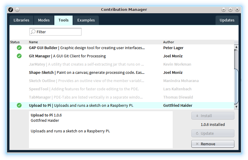 Processing Upload to Pi librería installar Contribution Manager panel