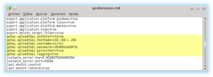 Processing preferences.txt Upload to Pi librería preferencias usuario clave ip