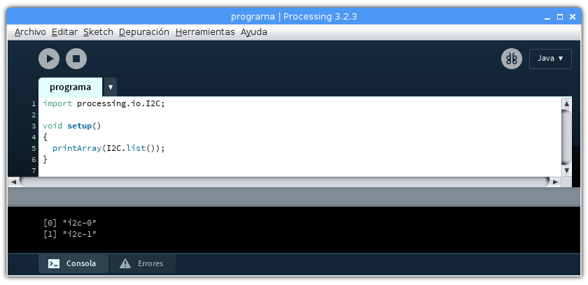 Processing librería Hardware IO clase I2C método list Raspberry