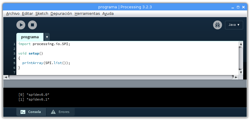 Processing librería Hardware IO clase SPI método list Raspberry